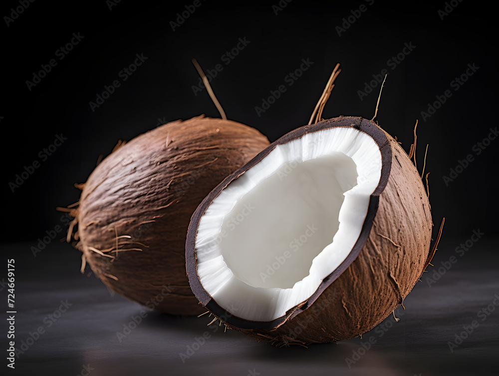 A white background shows a coconut open over white A white background shows a coconut open over white