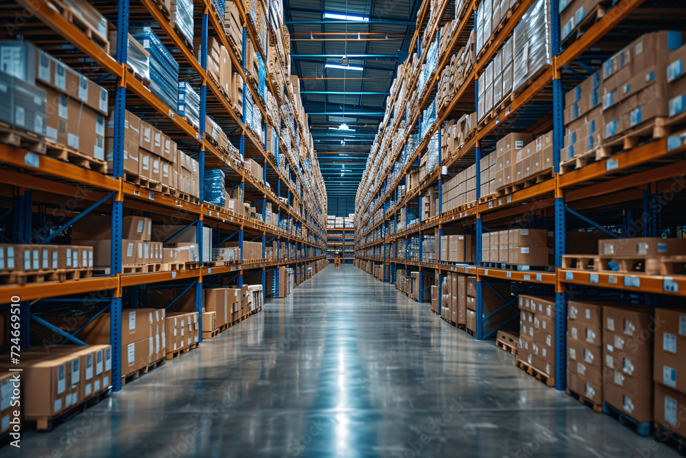 Fototapeta premium Perspective view of a warehouse aisle with shelves full of boxes