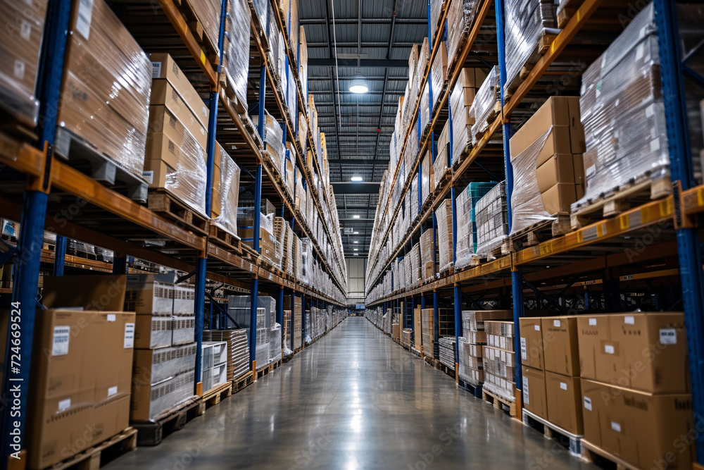 Fototapeta premium Warehouse aisle with high shelves stocked with cardboard boxes