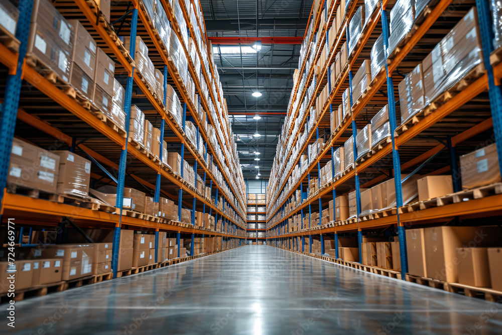 Warehouse aisles with stacked boxes on high shelves