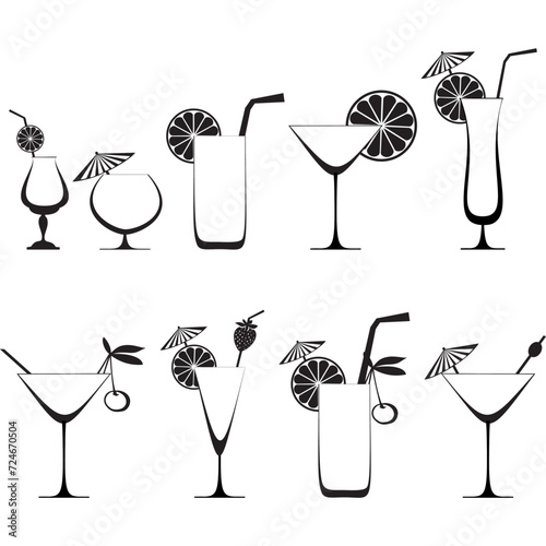 Cocktail Collection Isolated on White Background. Cocktails alcoholic daiquiri, old fashioned, manhattan, martini, sidecar glass hand drawn engraving vector illustration. 