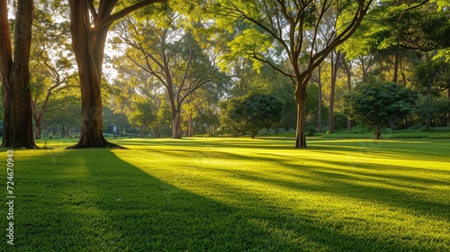 Lush green lawn and trees in a public park with soft morning light, Horsham Botanic Gardens VIC Australia, perfect for text. photo