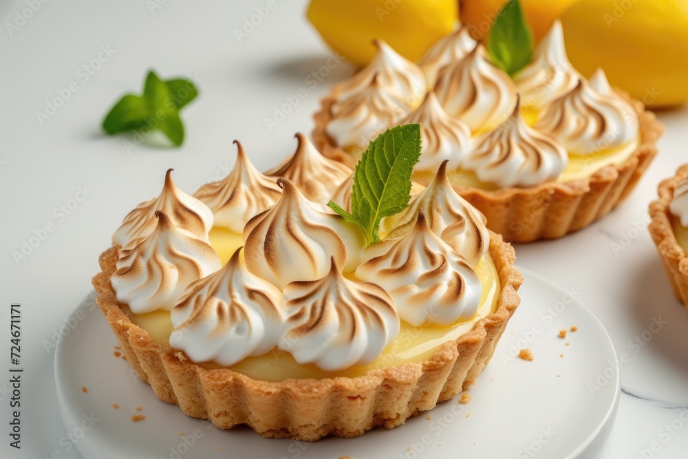 Lemon tartlet with meringue on white backdrop Lemon tartlet with meringue on white backdrop
