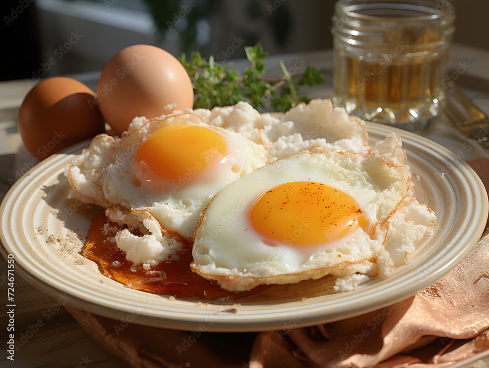 A white plate has two eggs, one on top and one on the side A white plate has two eggs, one on top and one on the side
