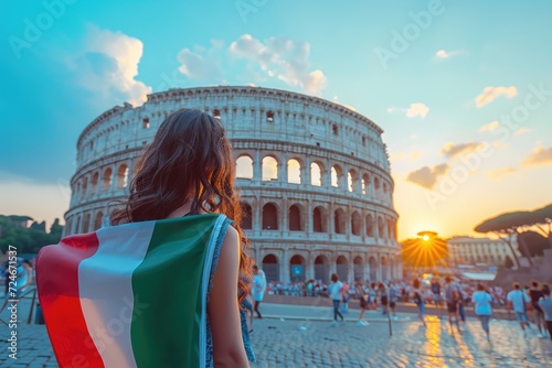 Witness the Celebration of an Attractive Italian Girl, Wrapped in the Italian Flag, with the Colosseum Providing a Historic Background, Exuding Patriotism and Football Excitement 