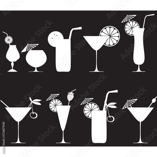 Cocktail Collection Isolated on black  Background.  Silhouette. Cocktails alcoholic daiquiri, old fashioned, manhattan, martini, sidecar glass hand drawn engraving vector illustration.