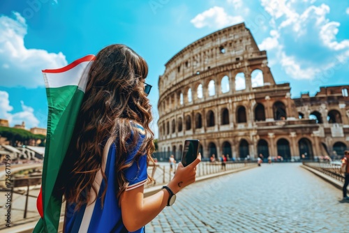 Witness the Celebration of an Attractive Italian Girl, Wrapped in the Italian Flag, with the Colosseum Providing a Historic Background, Exuding Patriotism and Football Excitement 