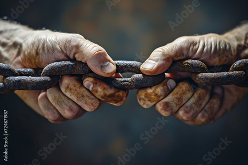 Close-up of aged hands holding a rusty chain