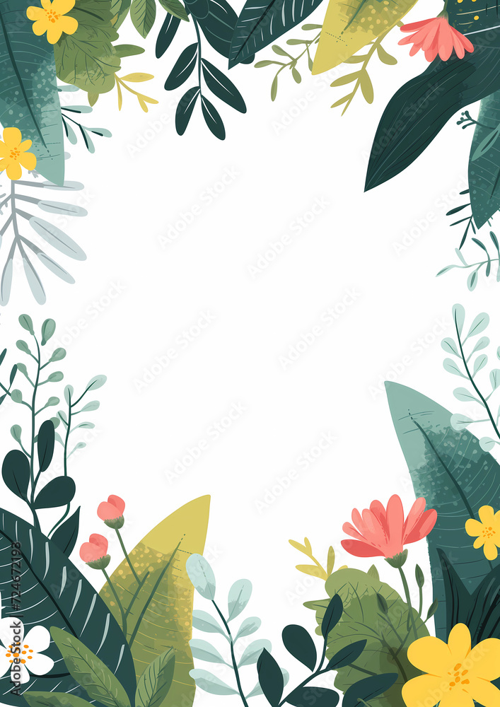 Naklejka premium Vertical Floral Frame with Copy Space. Abstract flowers and plants botanical background. Blank modern card template illustration.