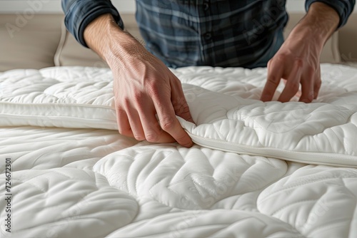Man displaying waterproof topper for orthopedic mattress unzipping hypoallergenic foam mattress protector Close up blank space top view photo