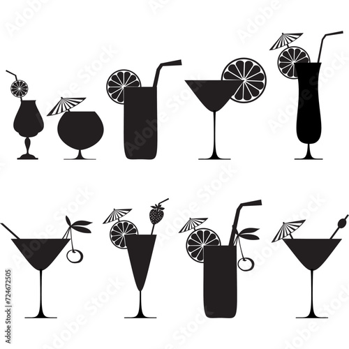 Cocktail Collection Isolated on White Background. Silhouette. Cocktails alcoholic daiquiri, old fashioned, manhattan, martini, sidecar glass hand drawn engraving vector illustration. 