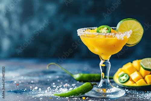 Mango tequila cocktail with spicy jalapeno lime salt on blue background photo
