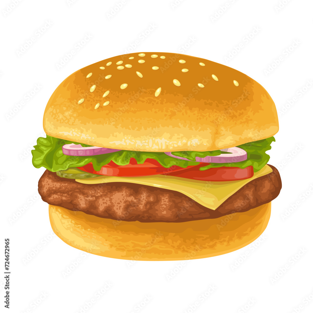 Hamburger with meat, lettuce, cheese, cucumber, onion, tomato. Vector realistic illustration.