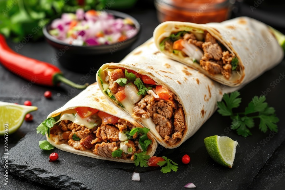 Meaty burritos arranged on blackboard Meaty burritos arranged on blackboard