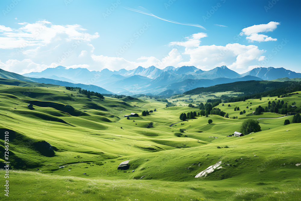 Abstract texture background. Green grass hill with water canal, mountains, sky, clouds with bright sunlight. View of countryside with houses on green grass hills. Realistic clipart template pattern.