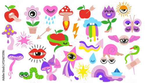 Vector hand drawn illustration. Set of psychedelic elements in a flat cartoon style