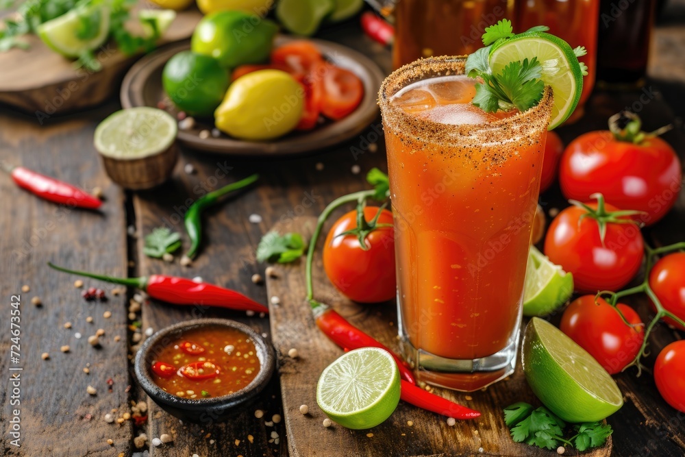 Mexican cocktail with beer tomato juice spice and lemon Mexican cocktail with beer tomato juice spice and lemon