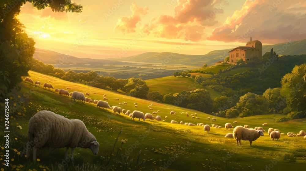 Construct a pastoral scene featuring a shepherd, flock of sheep, and rolling hills in the background using the soft brushstrokes and luminous colors typical of Rococo art - obrazy, fototapety, plakaty 