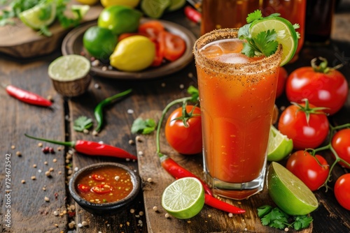 Mexican cocktail with beer tomato juice spice and lemon