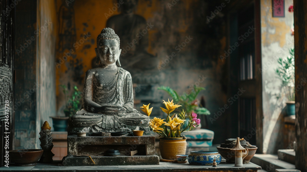 Echoes of the Past: A Quiet Atmosphere in a Temple with an Old Buddha Statue