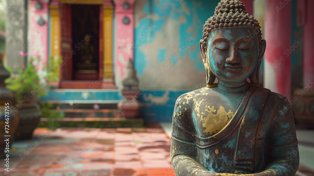 Echoes of the Past: A Quiet Atmosphere in a Temple with an Old Buddha Statue