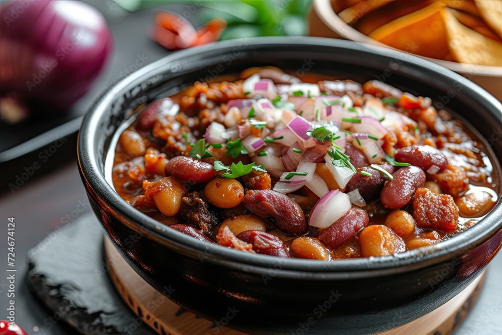 Mexican traditional food with spicy chorizo bacon onions closeup Mexican traditional food with spicy chorizo bacon onions closeup