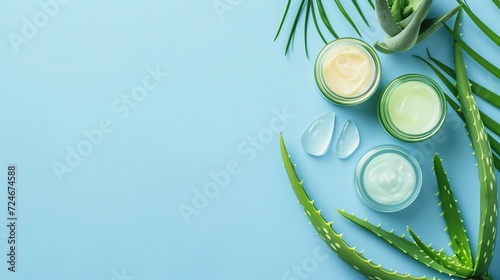 Natural aloe skincare flat lay, glass containers with gel and creams, surrounded by aloe vera leaves. Blue background