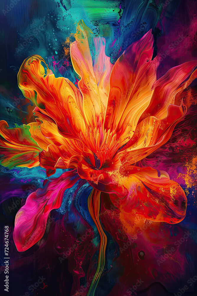 Beautiful painting of a flower dissolving into neon paint. Artistic illustration