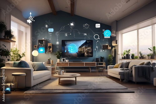 concept of the Internet of Things with an image of a smart home, featuring various connected devices and appliances photo