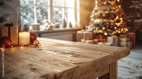 Rustic table with Christmas decoration in the background