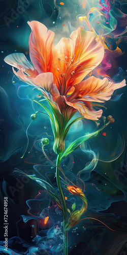 Beautiful painting of a flower dissolving into neon paint. Artistic illustration © BKKIllustrator