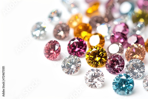 Multicolored round diamonds alongside white stones on a white backdrop