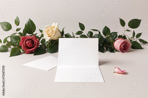 blank letter, postcard on a background of roses mockup on a light background photo