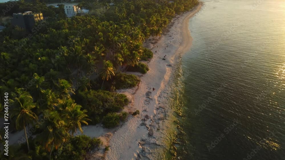 Aerial view of Maldives paradise Maldives beach with palms and sunset sunshine. Aerial view of Maldives paradise Maldives beach with palms and sunset sunshine.