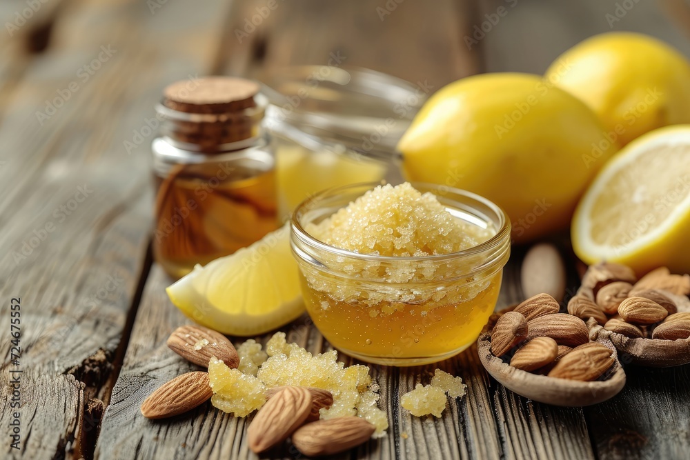 Natural ingredients for a body mask honey lemon juice brown sugar and almond oil Natural ingredients for a body mask honey lemon juice brown sugar and almond oil