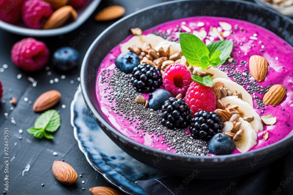 Nourishing breakfast bowl blueberry smoothie with a variety of fruits nuts and seeds Nourishing breakfast bowl blueberry smoothie with a variety of fruits nuts and seeds