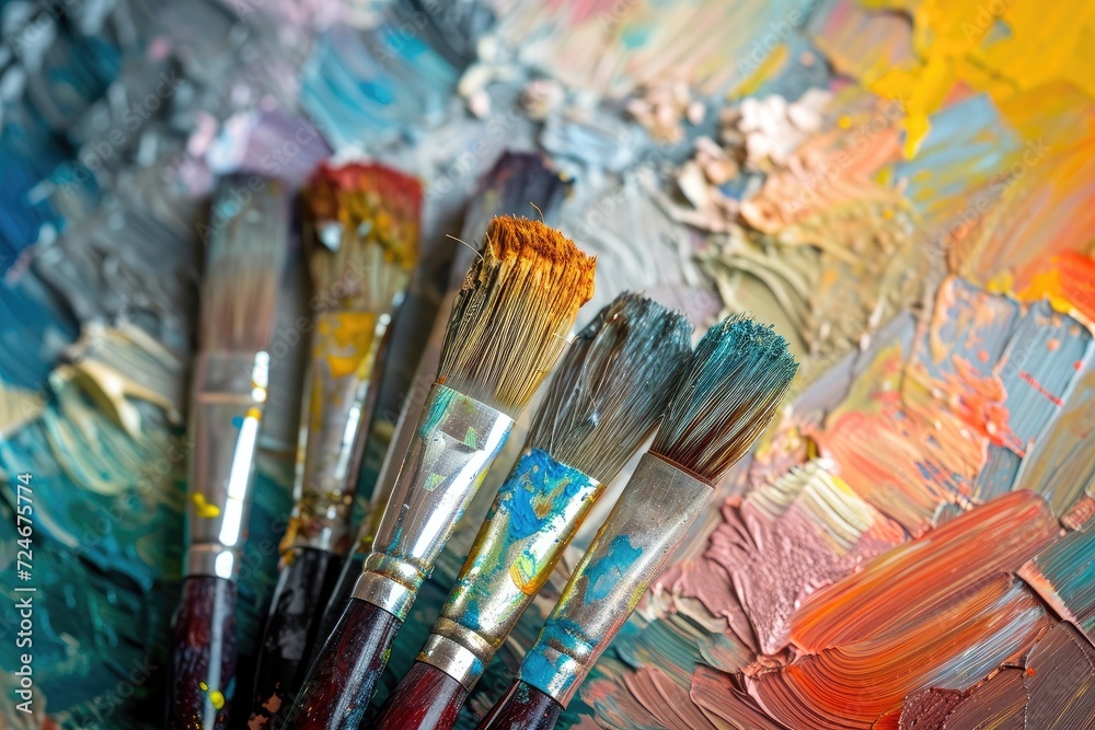 Oil paints on artist canvas with paintbrushes Oil paints on artist canvas with paintbrushes