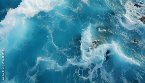 wave breaking on the rocks. sea texture bird's eye view. ocean top view. blue waves