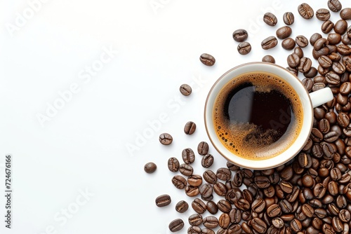 Overhead view of coffee in cup alongside roasted beans on white background