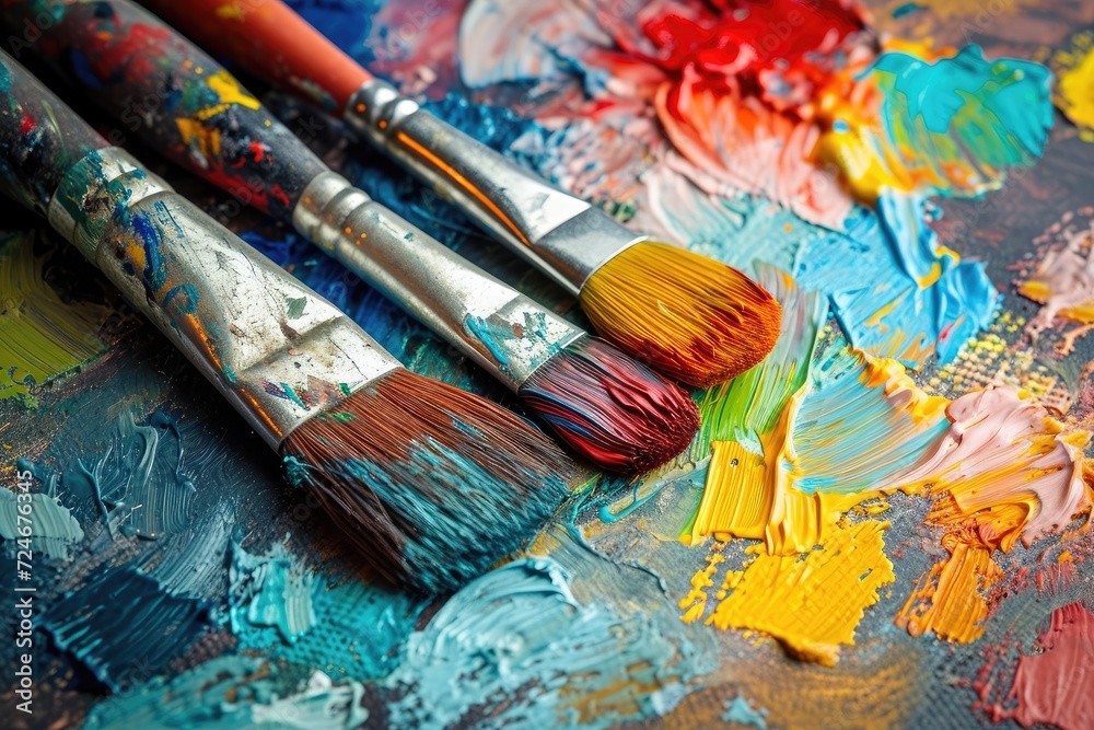 Fototapeta premium paintbrushes and palette kept separate