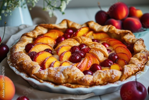 Peach and cherry galette rustic and open