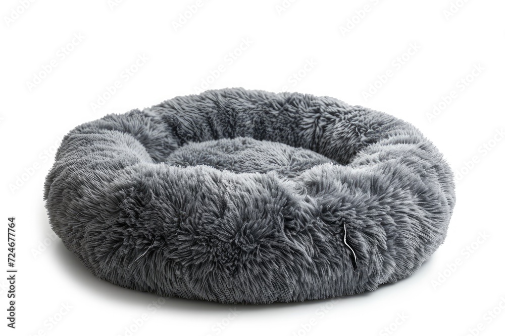 Plush pet bed in round shape soft and grey on a white background Plush pet bed in round shape soft and grey on a white background