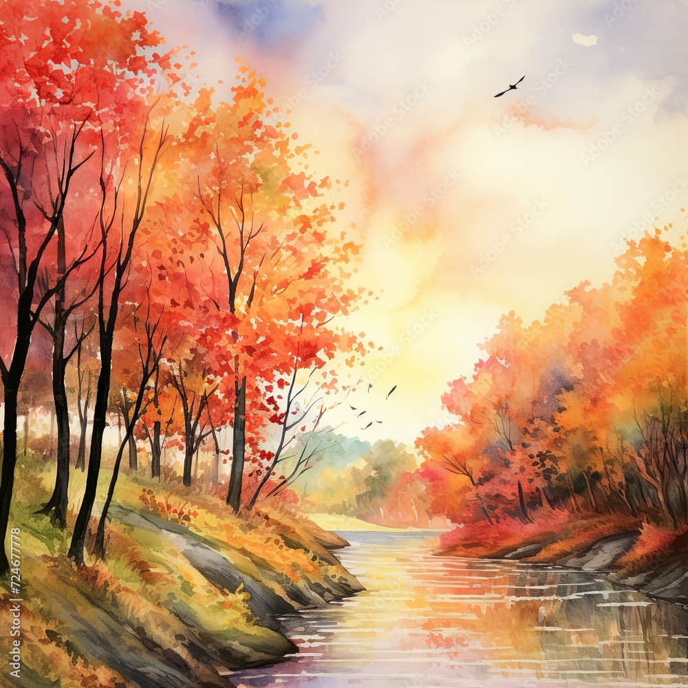 Autumn Serenity: Watercolor Riverside