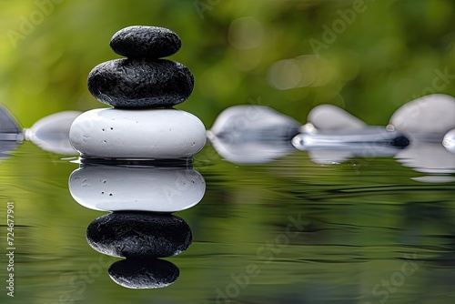 Precisely placed stones in water harmoniously black and white