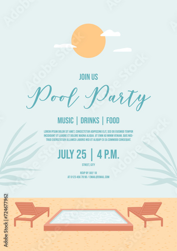 Pool party invitation template. Minimalistic holiday. Sun bed near swimming pool on sand. Palm leaves silhouette on the sky background. Sun with clouds. Calm vacation announcement. Vector illustration