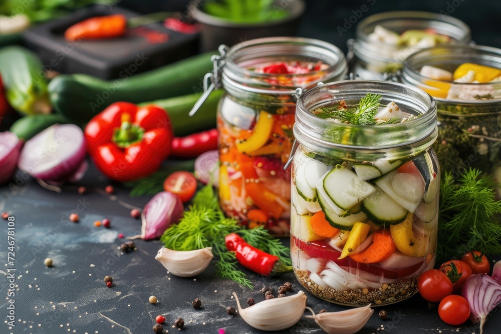 Preserved green vegetables in glass jars on table Preserved green vegetables in glass jars on table