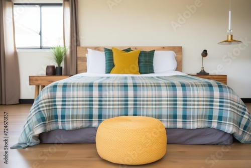 a checked duvet cover on an ottoman bed