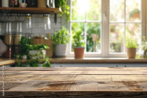 Product display mock up using wooden board on empty table with blurred background