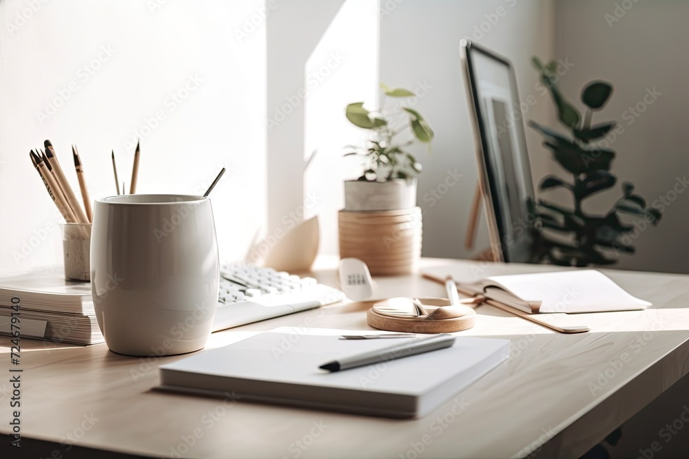 Modern environmentally friendly workstation, zero waste office supplies, and white coffee cup a comfortable workspace, the idea of a sustainable lifestyle