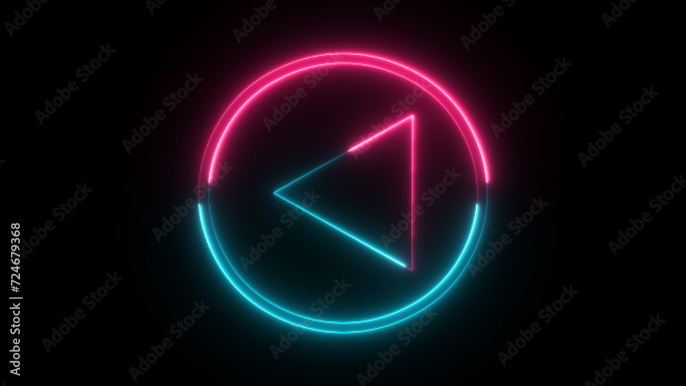 Video, audio neon play icon, vector illustration. Vibrant colors, laser show. 3d rendering and glowing play button. Press to play. Start button. Video, audio neon play icon, vector illustration. Vibrant colors, laser show. 3d rendering and glowing play button. Press to play. Start button.
